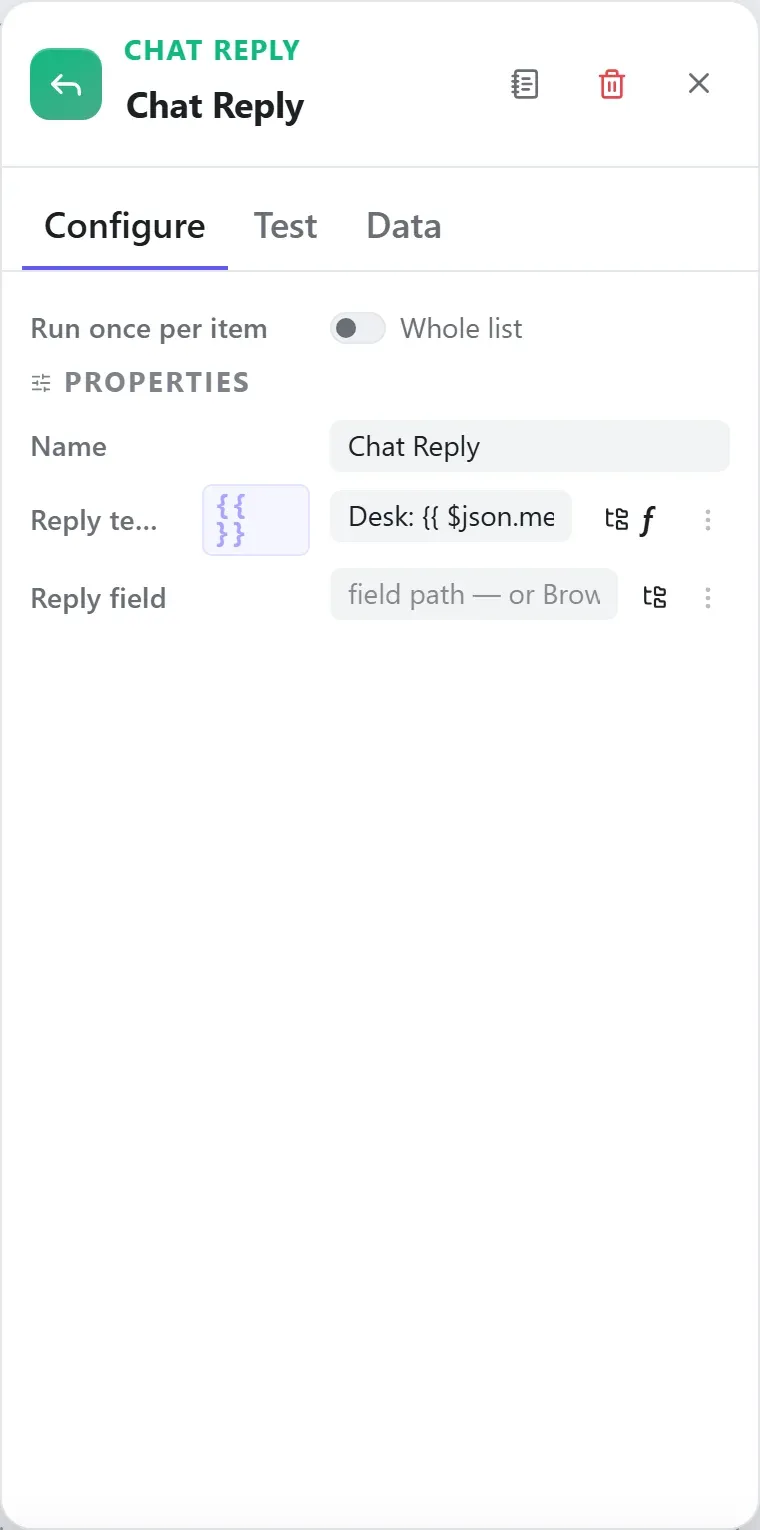 The Chat Reply node's settings in the Studio builder