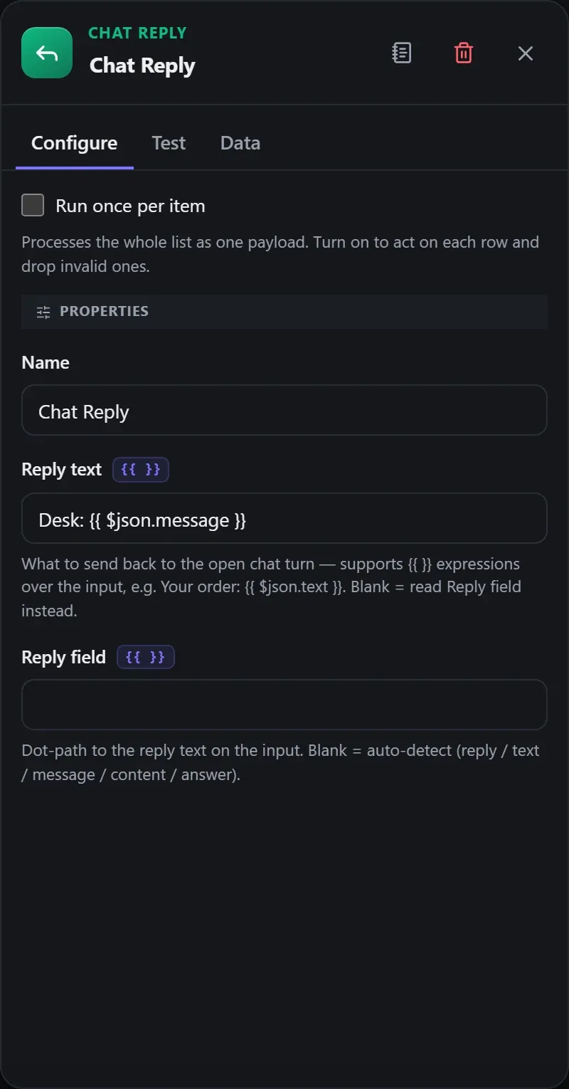 The Chat Reply node's Configure panel in the Studio builder
