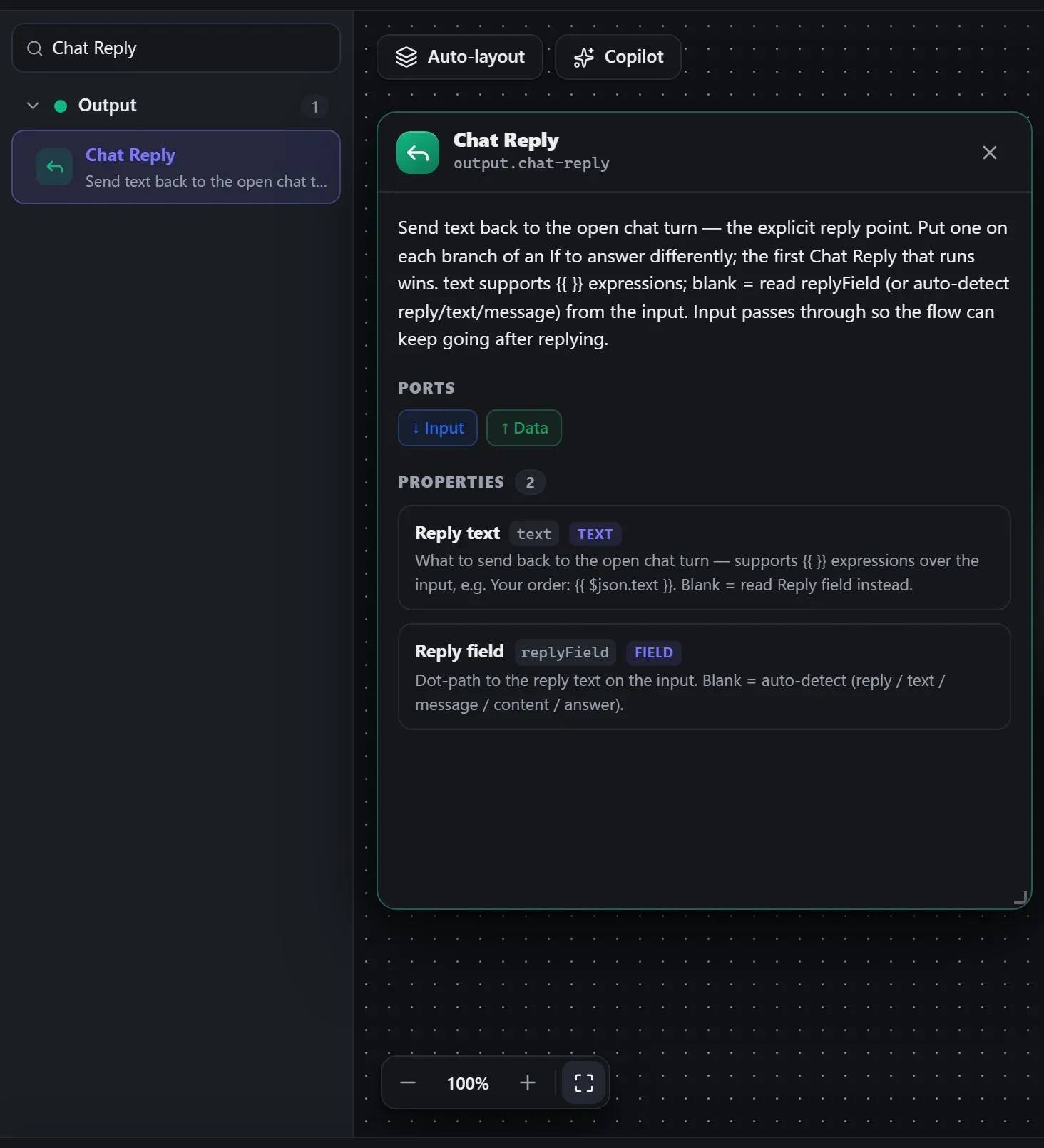 Chat Reply in the node library, with the in-editor docs panel open