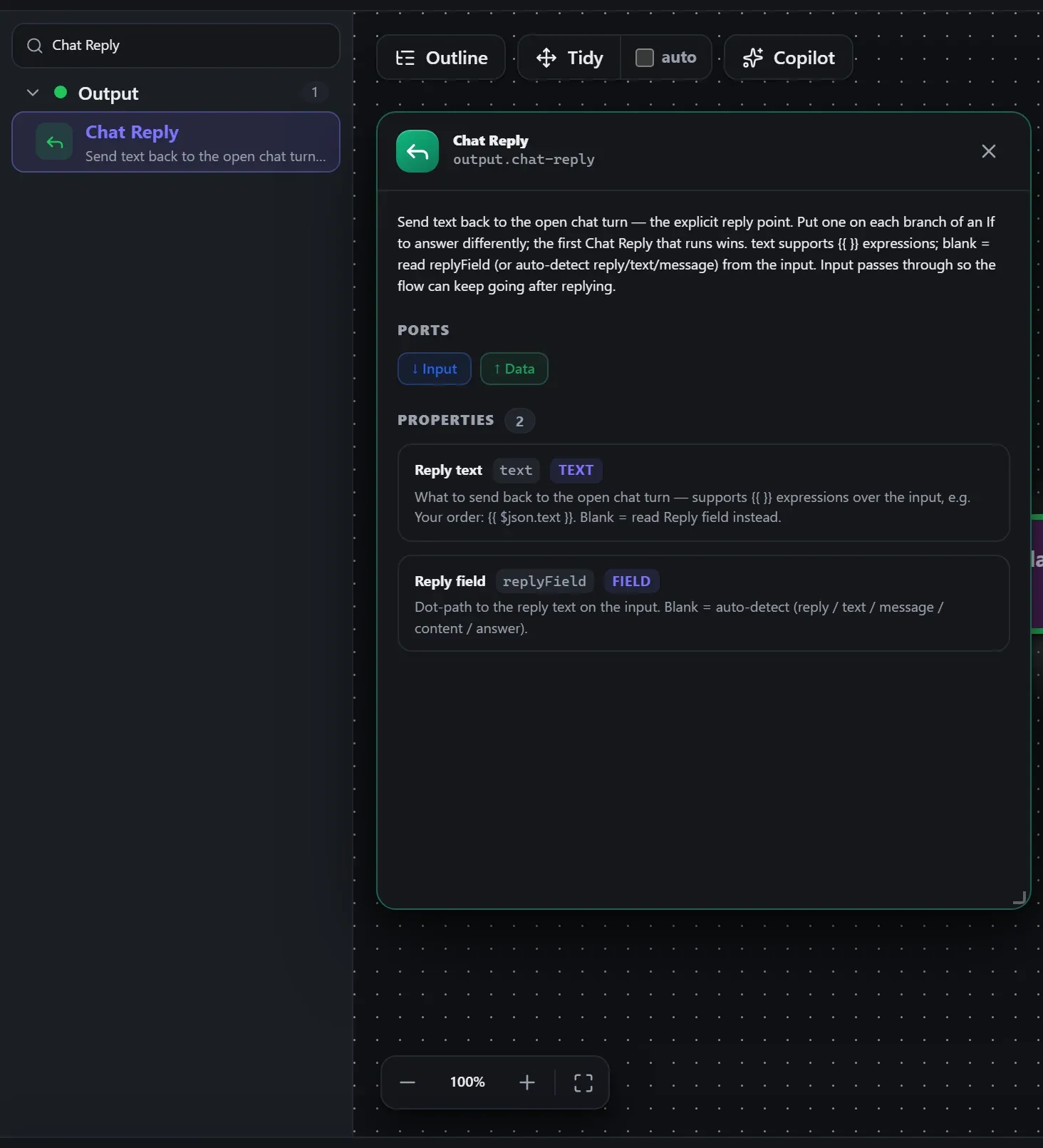 Chat Reply in the node library, with the in-editor docs panel open