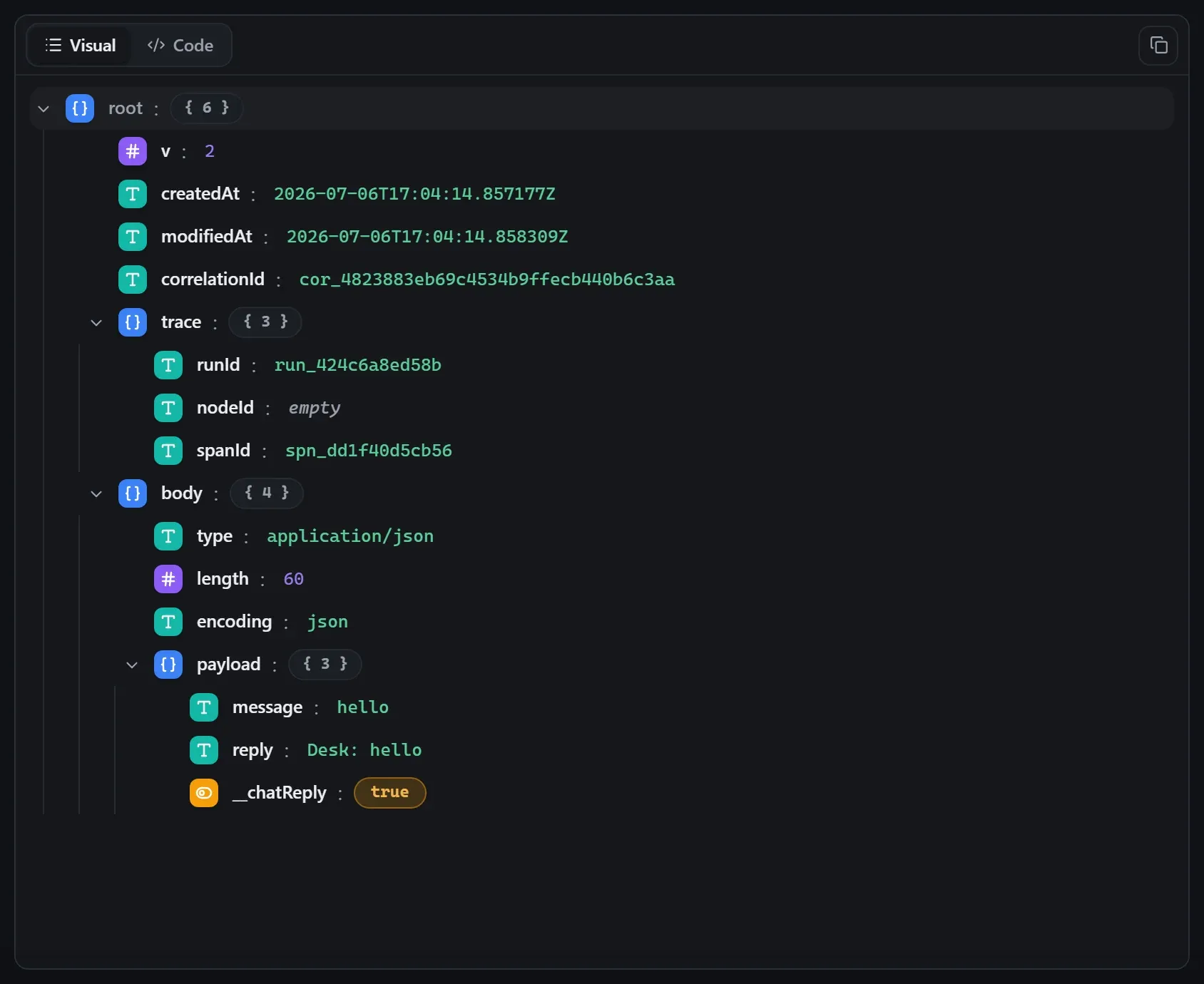 The Chat Reply node's output envelope in the run data viewer
