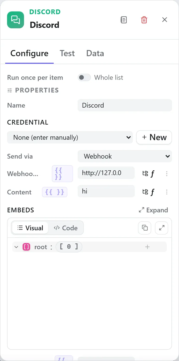 The Discord node's settings in the Studio builder