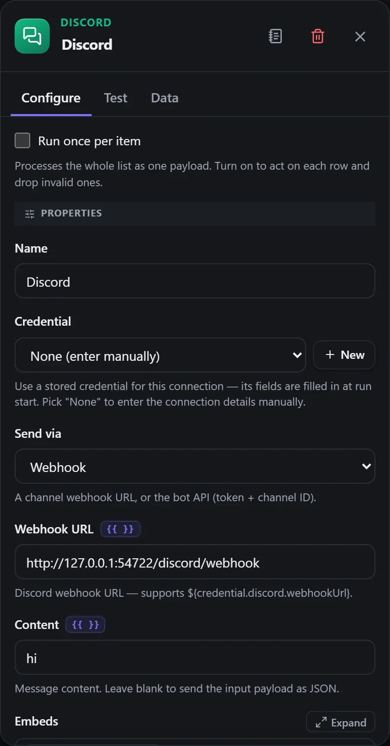 The Discord node's Configure panel in the Studio builder
