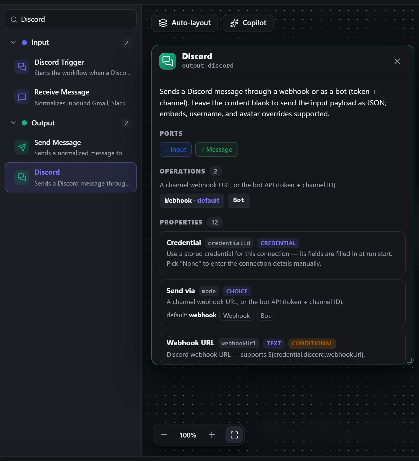 Discord in the node library, with the in-editor docs panel open