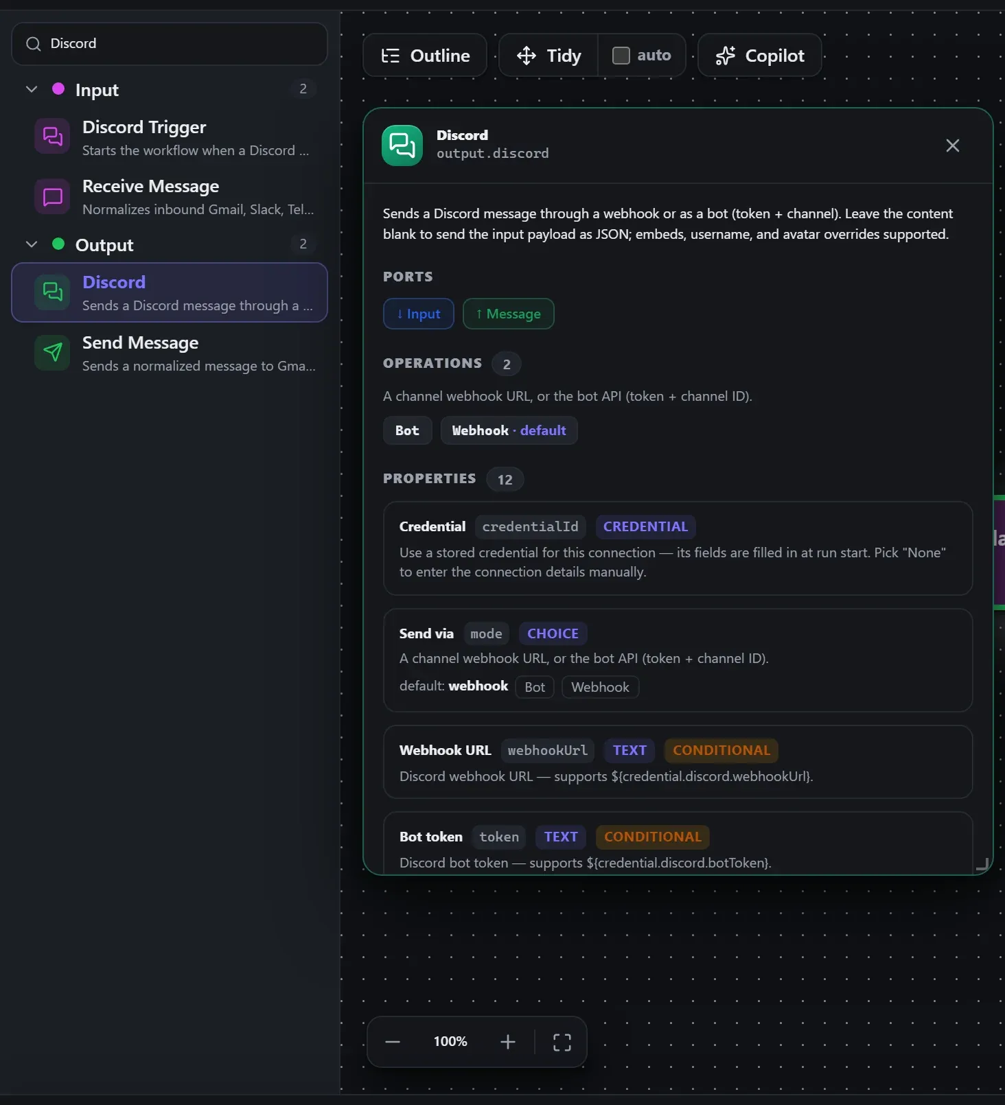 Discord in the node library, with the in-editor docs panel open
