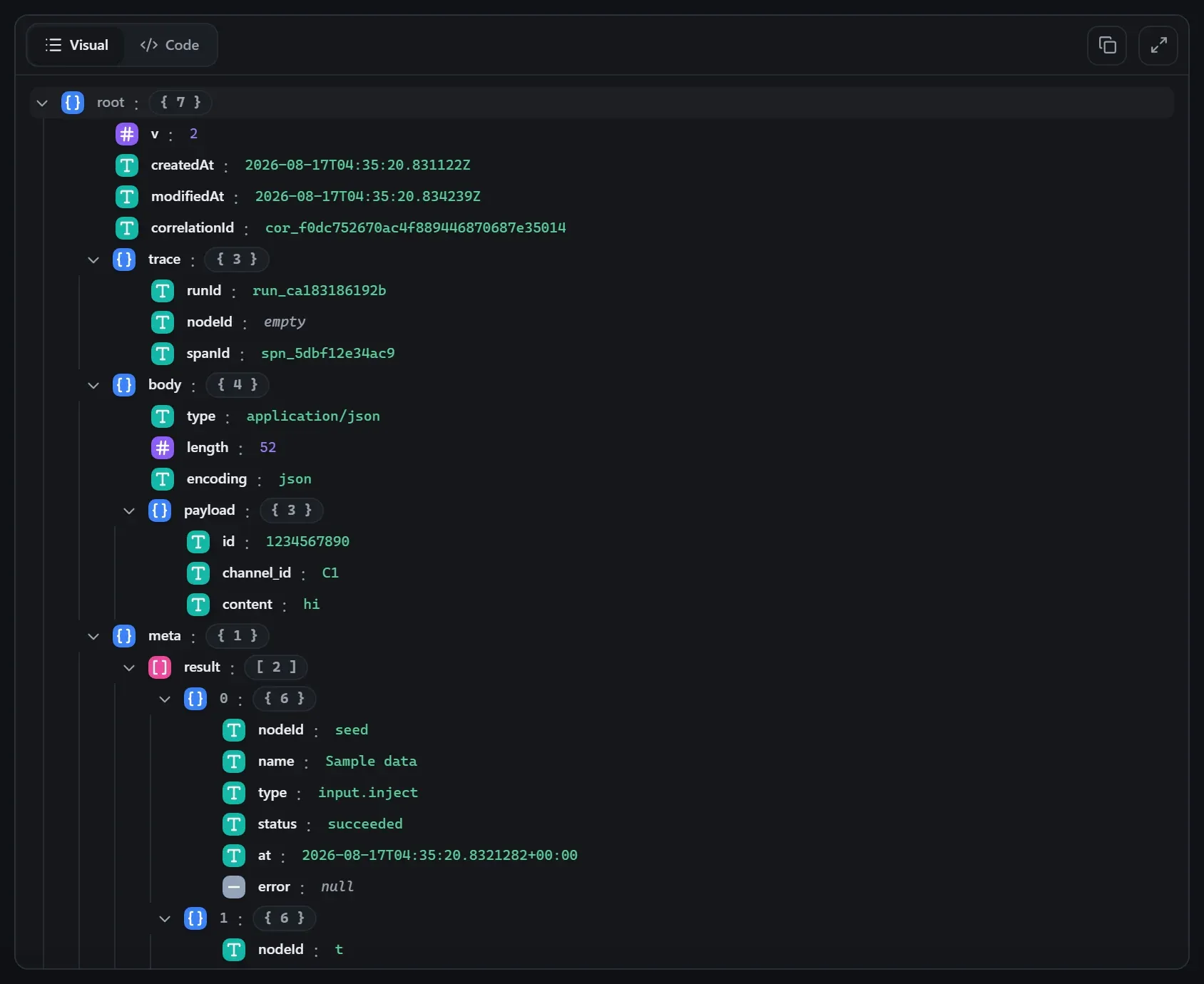 The Discord node's output envelope in the run data viewer