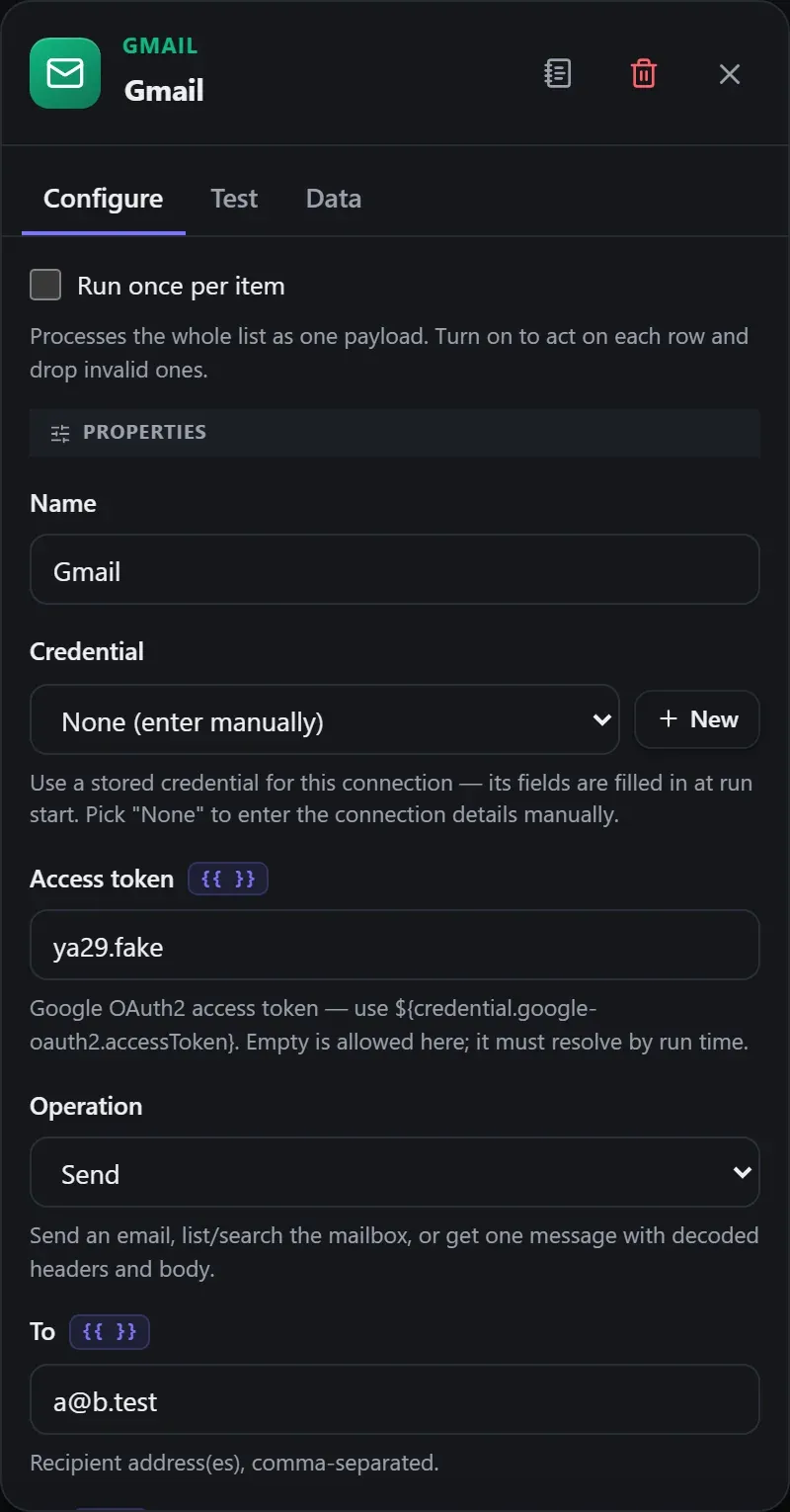 The Gmail node's Configure panel in the Studio builder