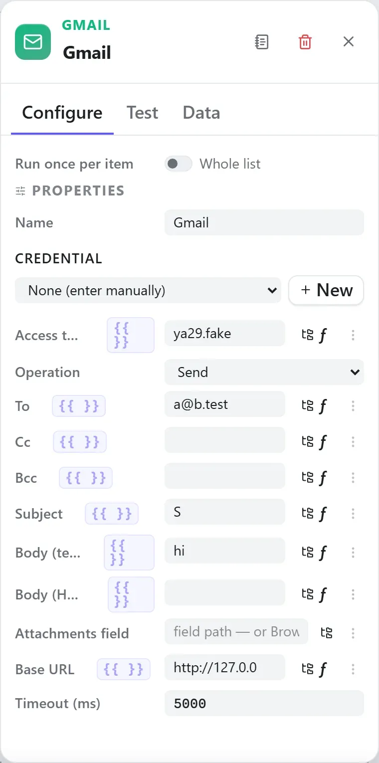 The Gmail node's settings in the Studio builder