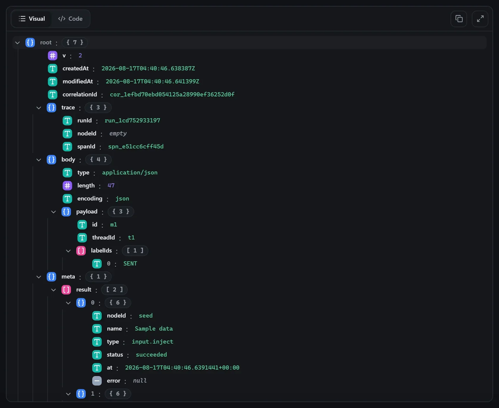 The Gmail node's output envelope in the run data viewer