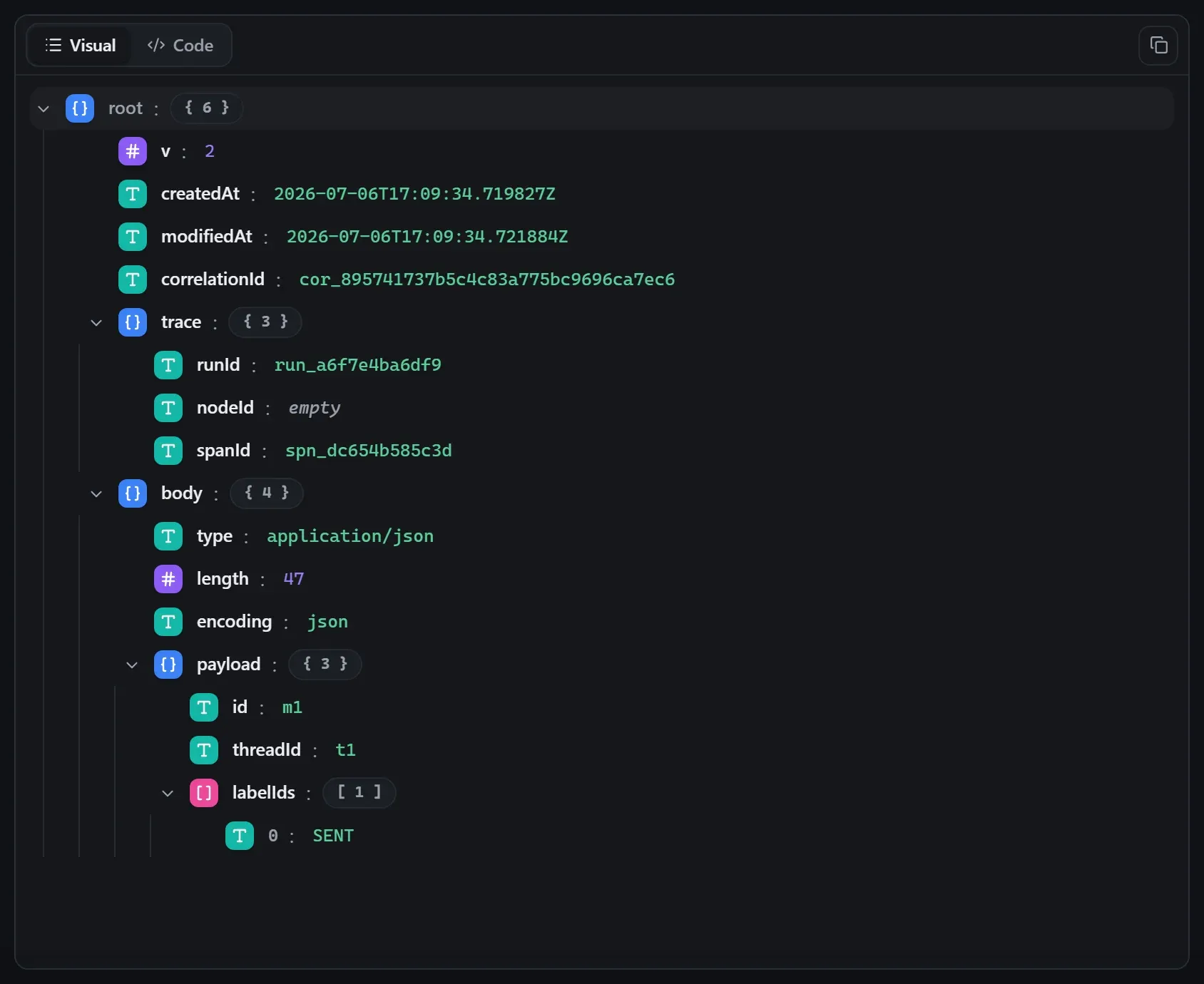The Gmail node's output envelope in the run data viewer