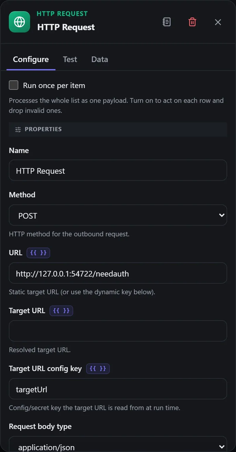 The HTTP Request node's Configure panel in the Studio builder