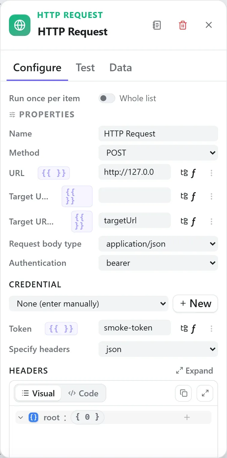 The HTTP Request node's settings in the Studio builder