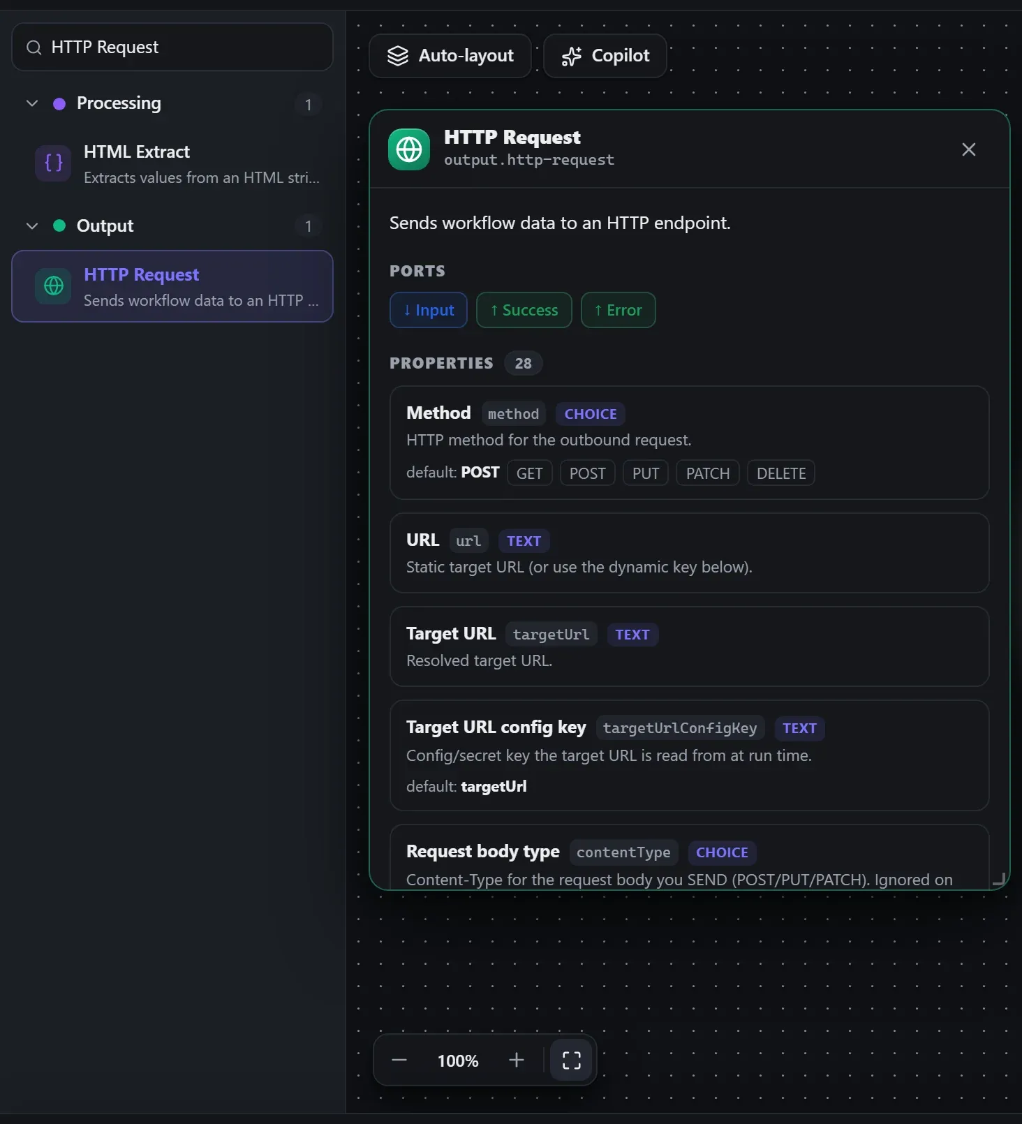 HTTP Request in the node library, with the in-editor docs panel open