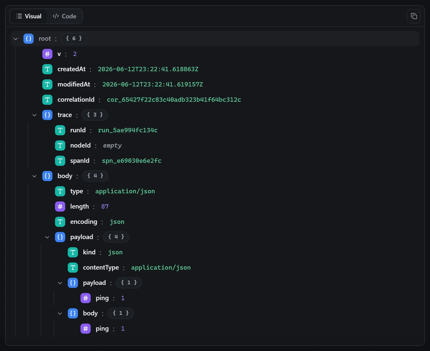The HTTP Request node's input envelope in the run data viewer
