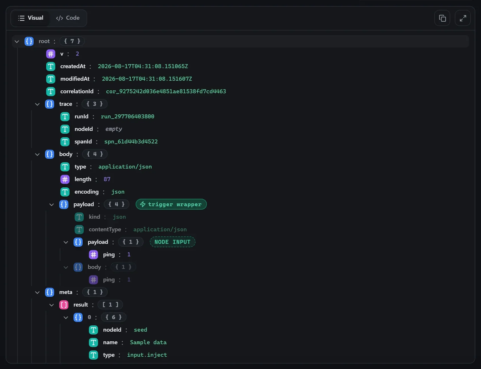 The HTTP Request node's input envelope in the run data viewer