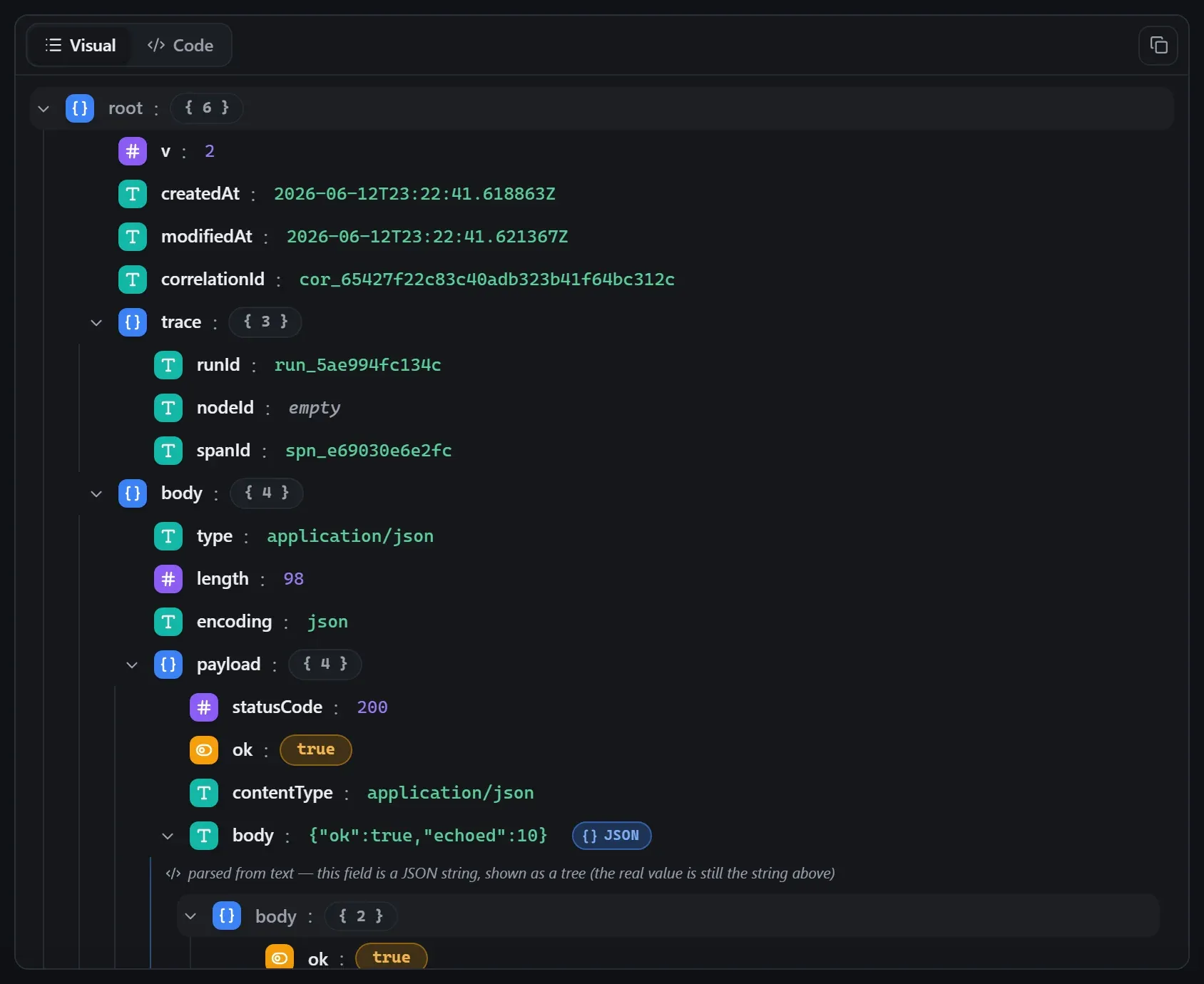 The HTTP Request node's output envelope in the run data viewer