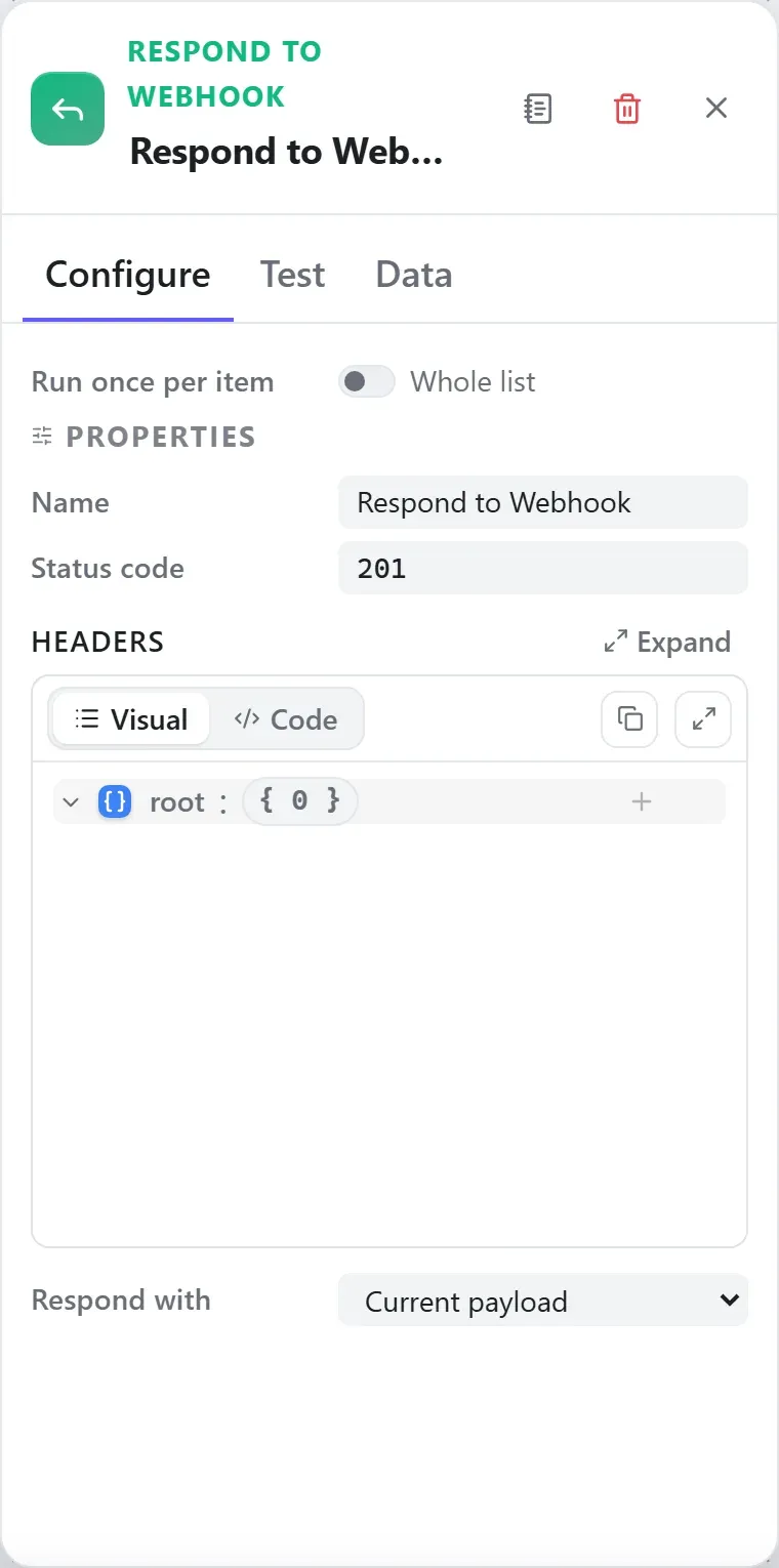 The Respond to Webhook node's settings in the Studio builder