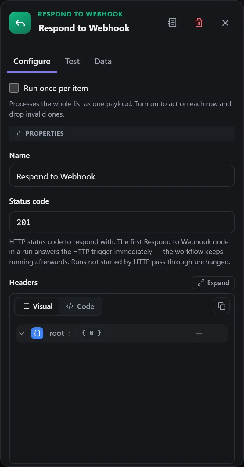 The Respond to Webhook node's Configure panel in the Studio builder