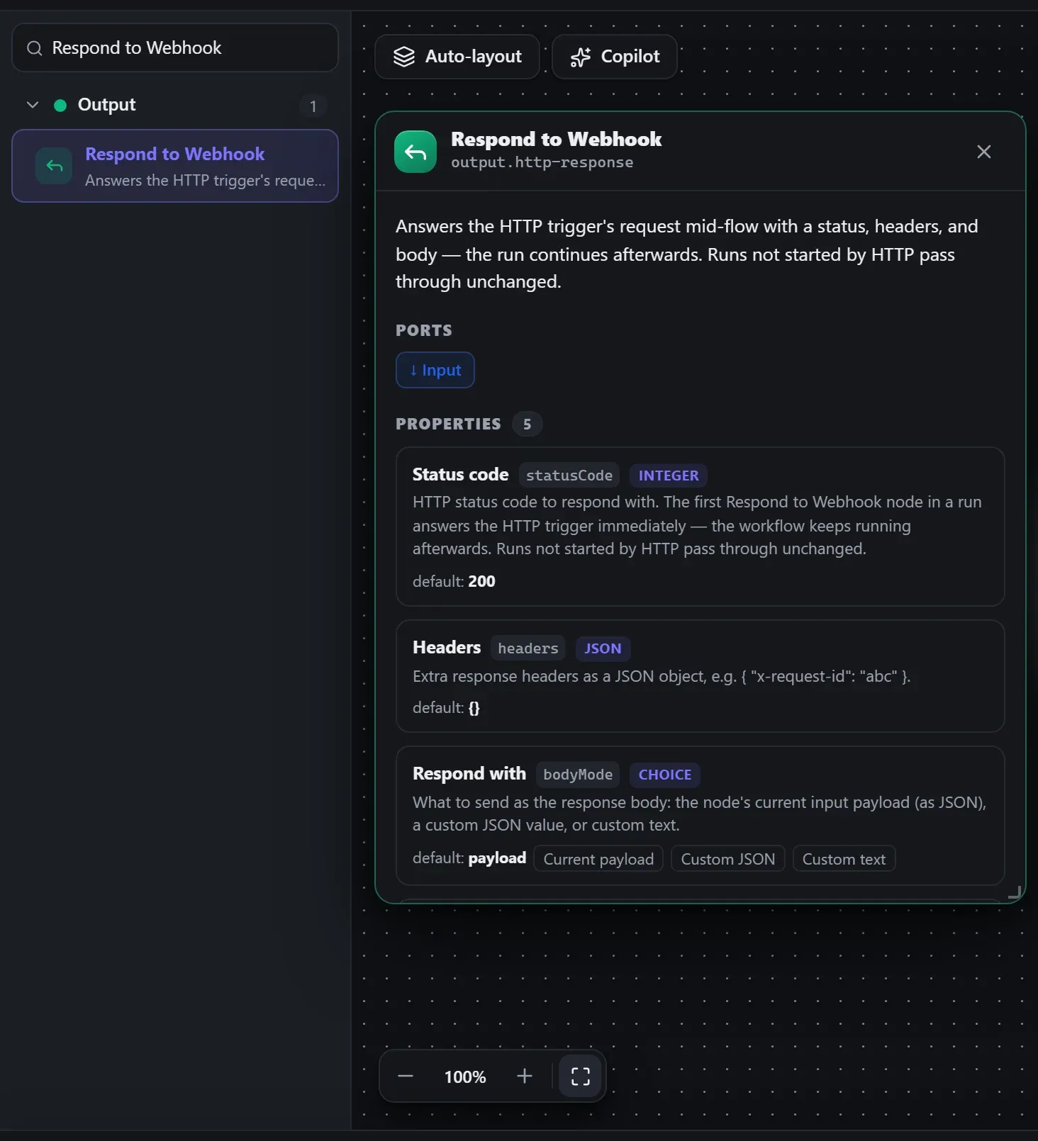 Respond to Webhook in the node library, with the in-editor docs panel open