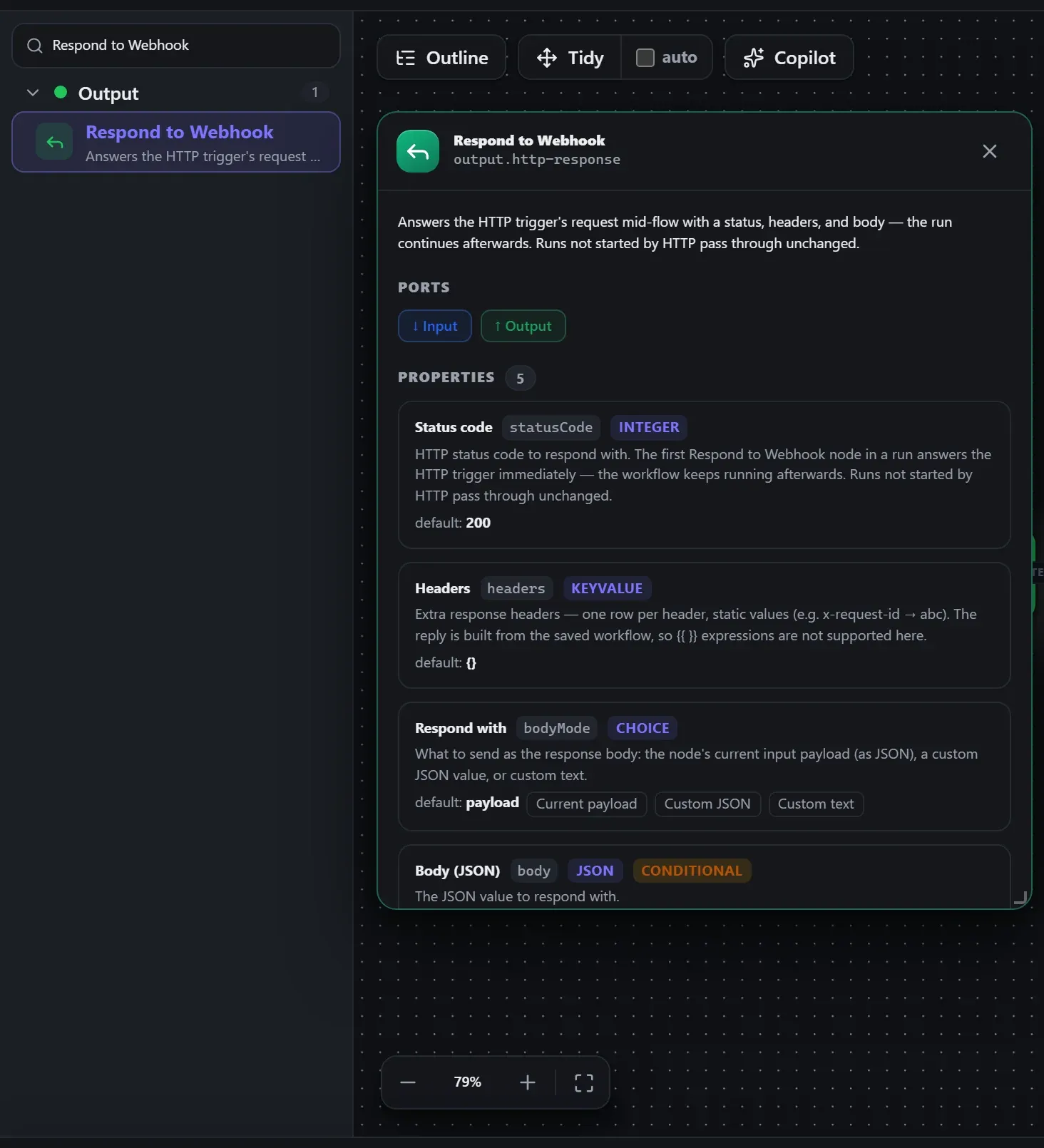 Respond to Webhook in the node library, with the in-editor docs panel open