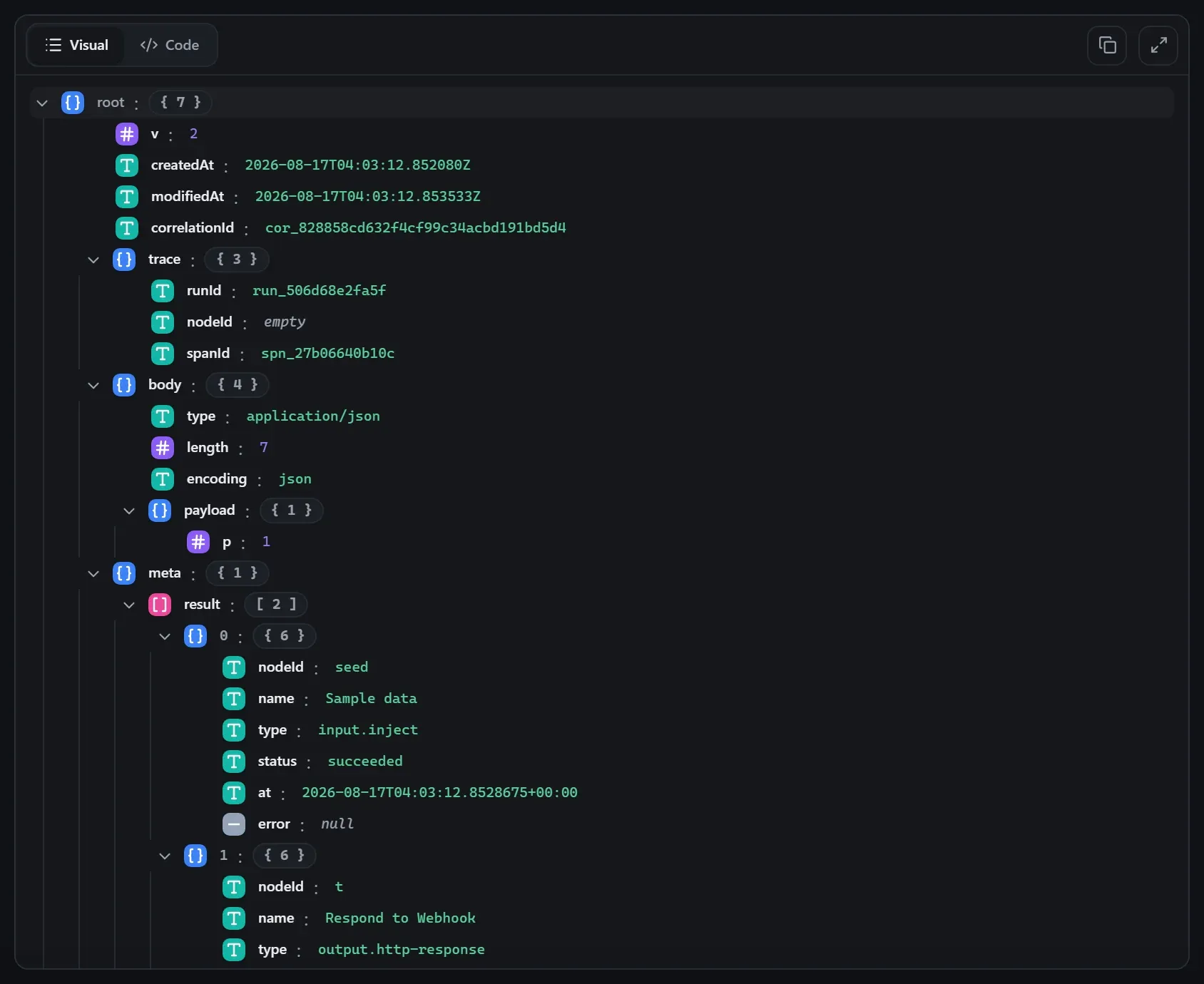 The Respond to Webhook node's output envelope in the run data viewer