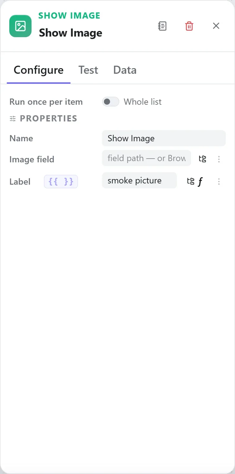 The Show Image node's settings in the Studio builder