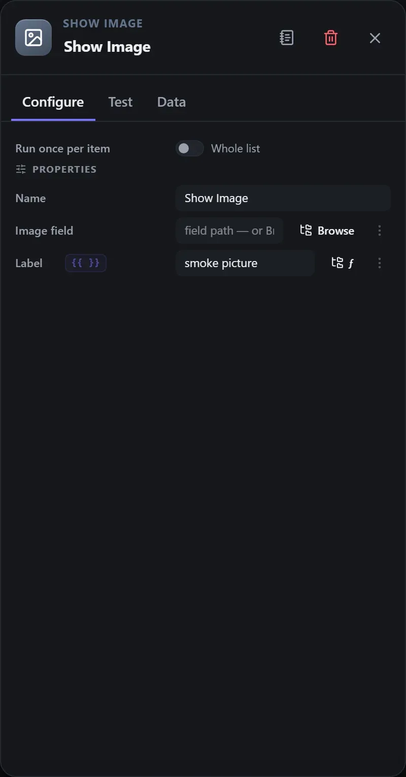 The Show Image node's Configure panel in the Studio builder