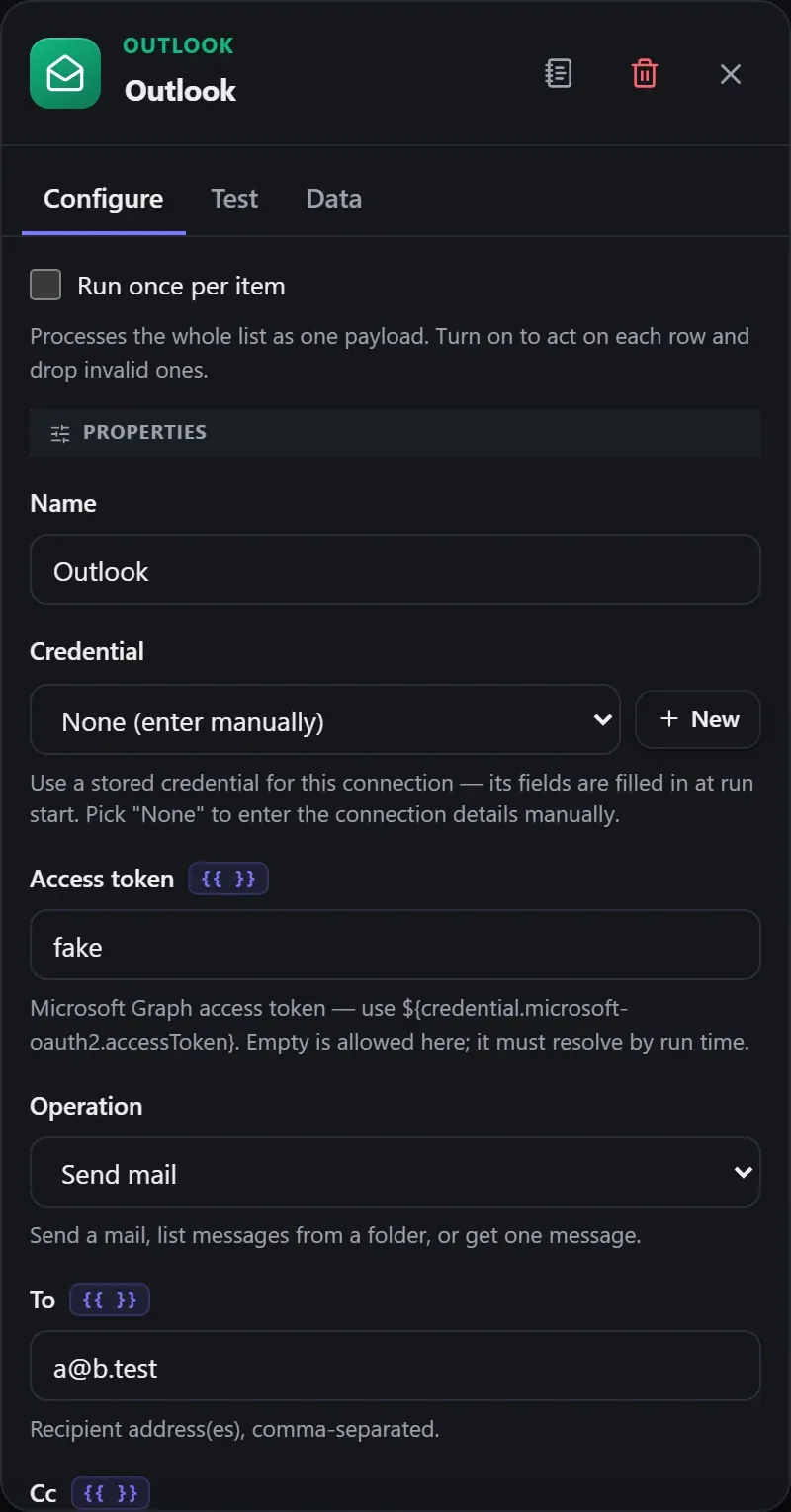 The Outlook node's Configure panel in the Studio builder