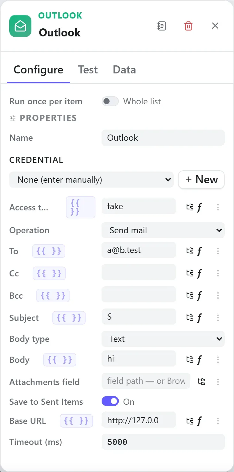 The Outlook node's settings in the Studio builder