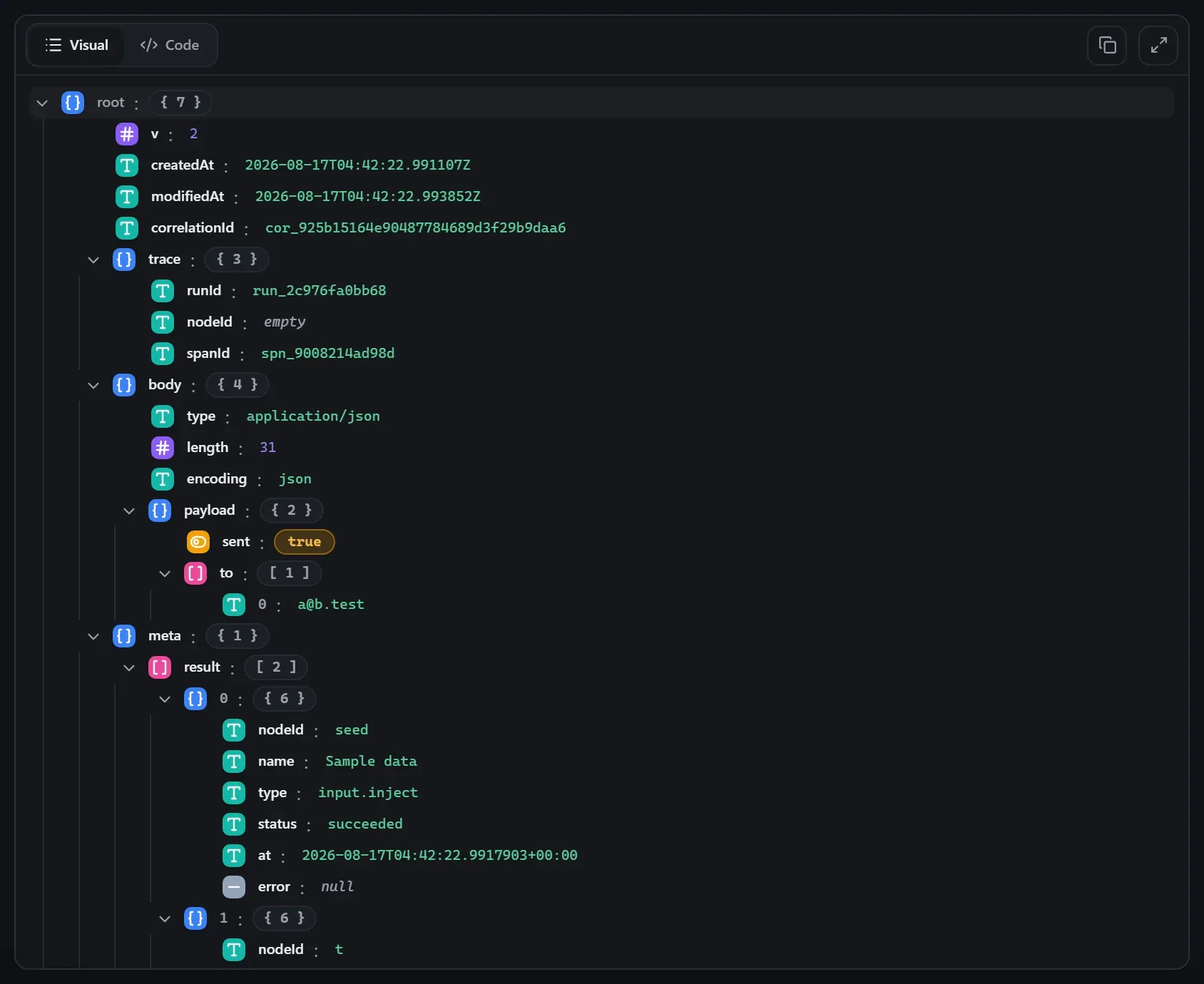 The Outlook node's output envelope in the run data viewer