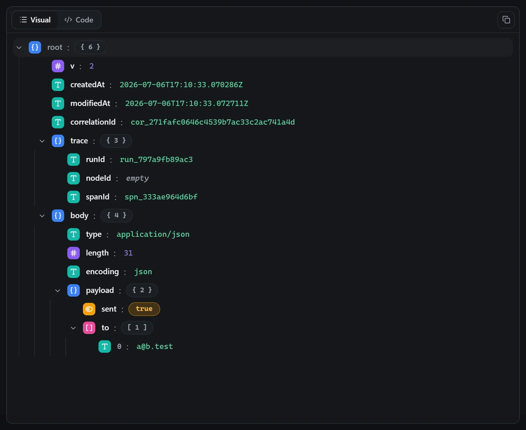 The Outlook node's output envelope in the run data viewer