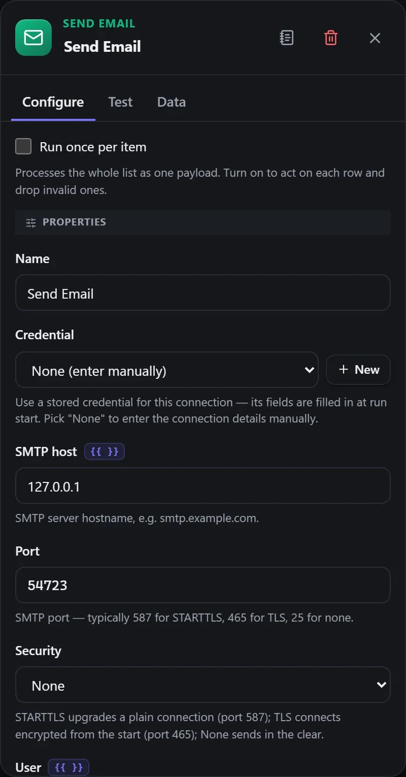 The Send Email node's Configure panel in the Studio builder