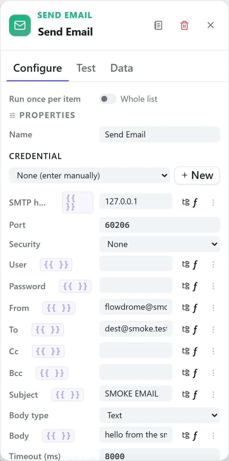 The Send Email node's settings in the Studio builder