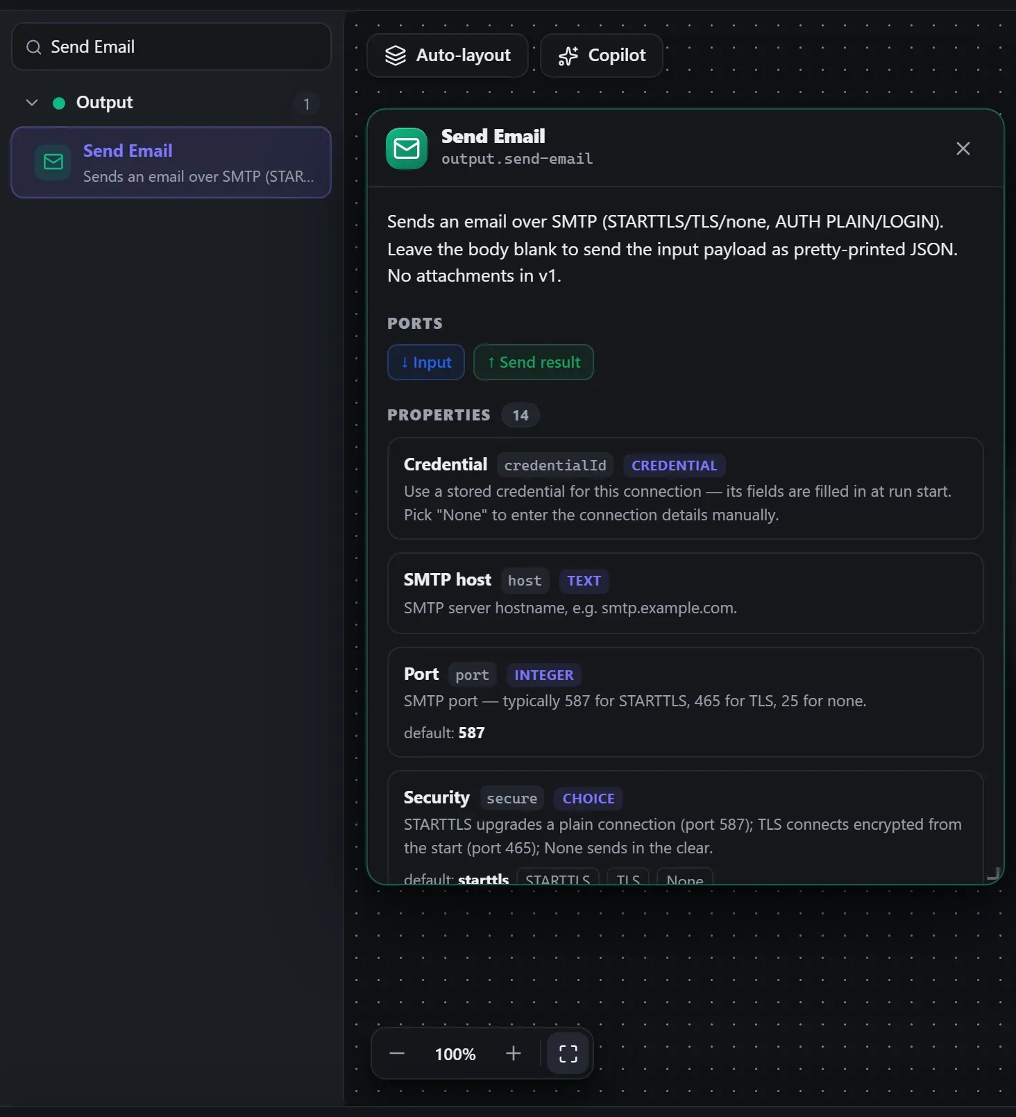 Send Email in the node library, with the in-editor docs panel open