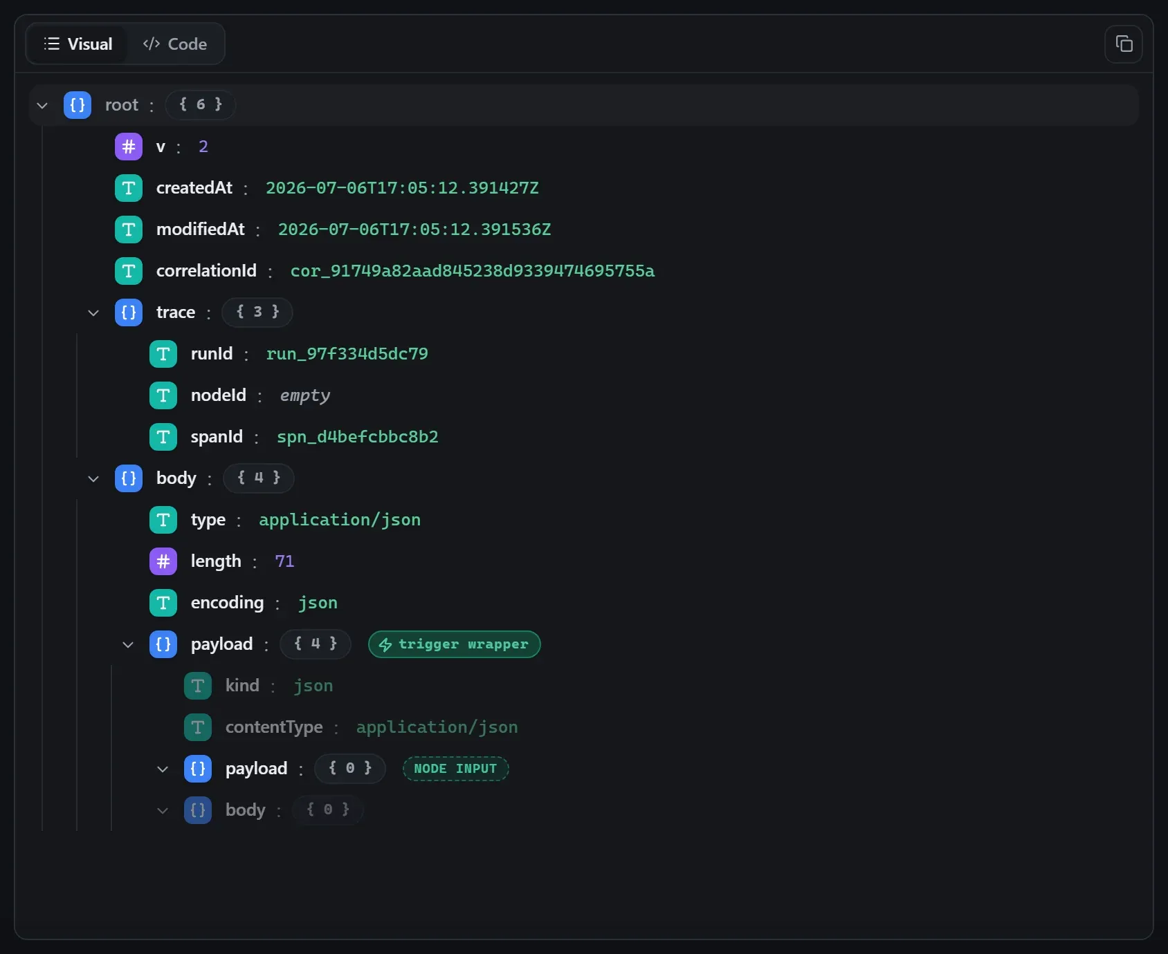 The Send Email node's input envelope in the run data viewer