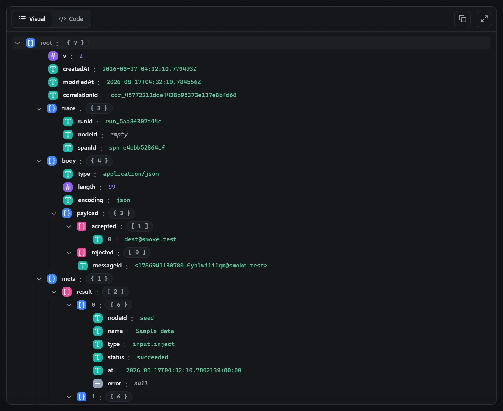 The Send Email node's output envelope in the run data viewer