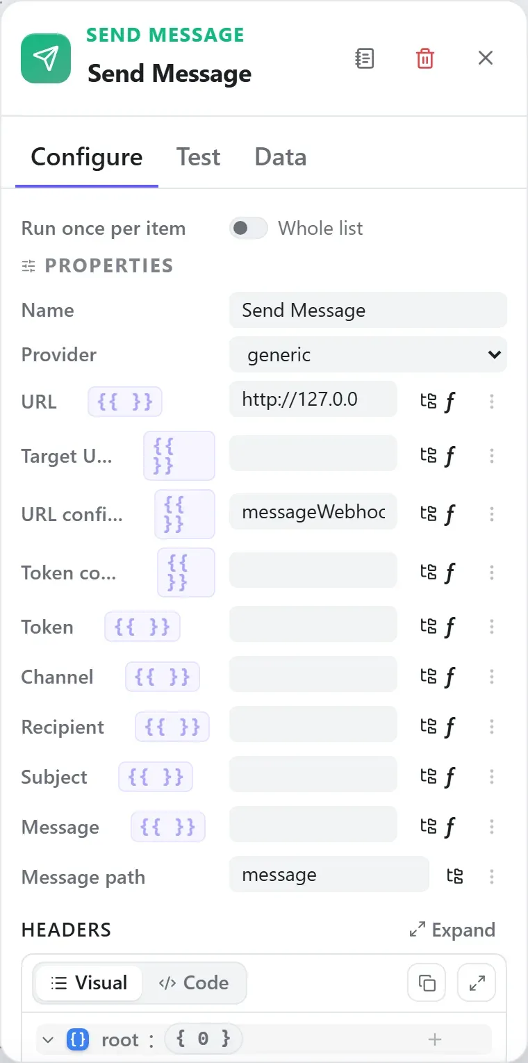 The Send Message node's settings in the Studio builder
