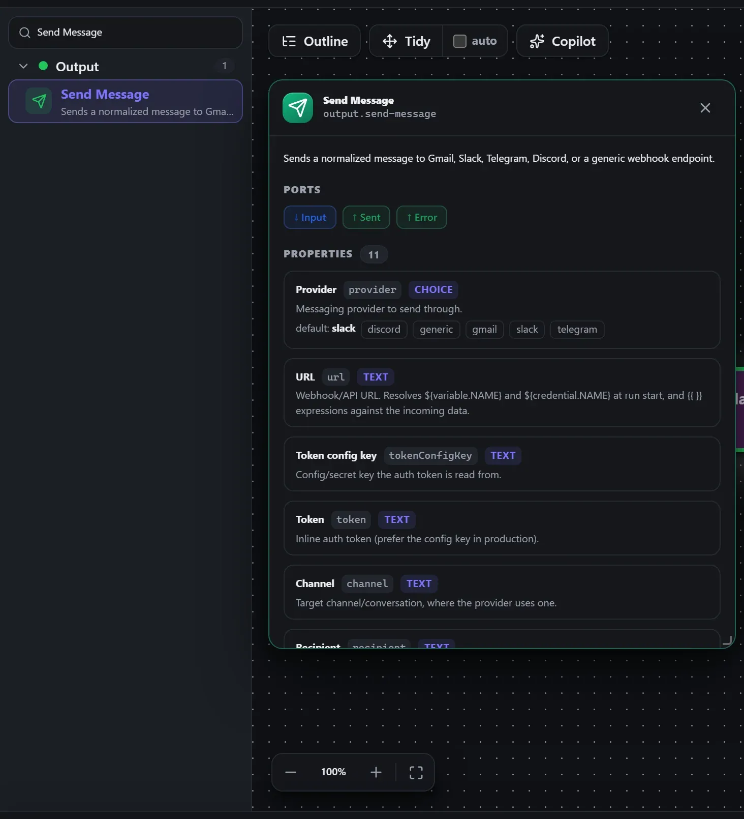 Send Message in the node library, with the in-editor docs panel open