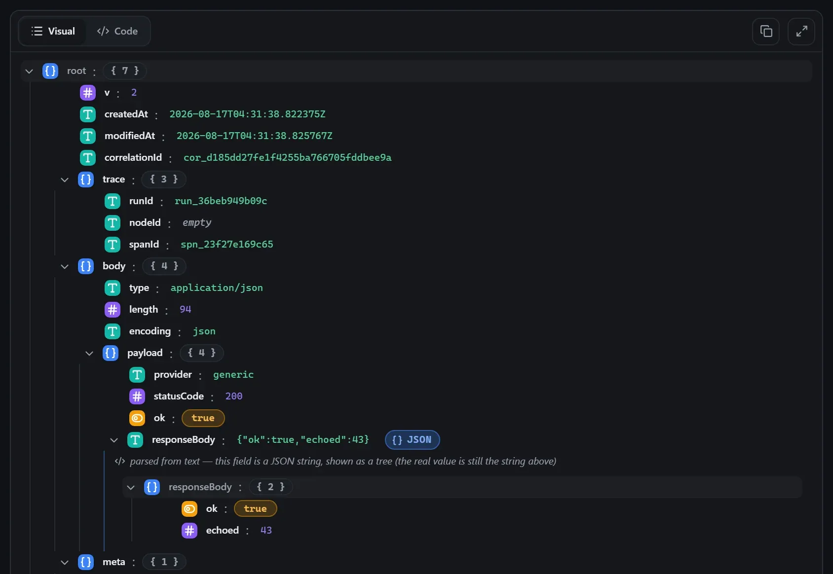 The Send Message node's output envelope in the run data viewer
