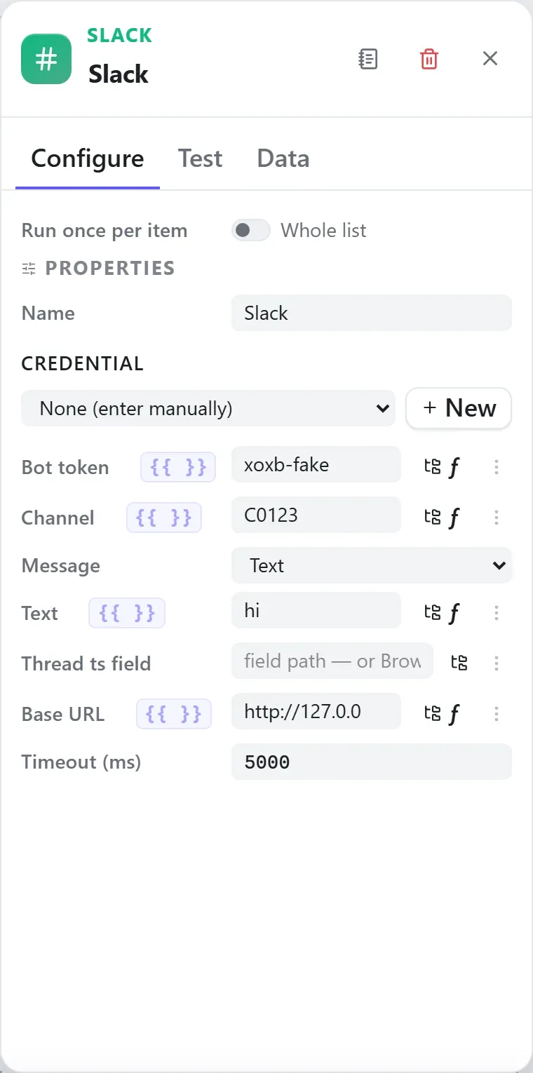 The Slack node's settings in the Studio builder