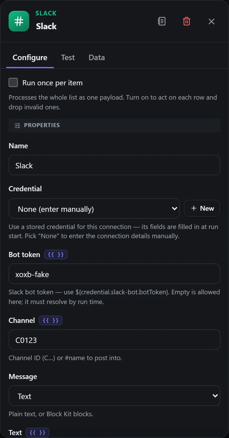 The Slack node's Configure panel in the Studio builder