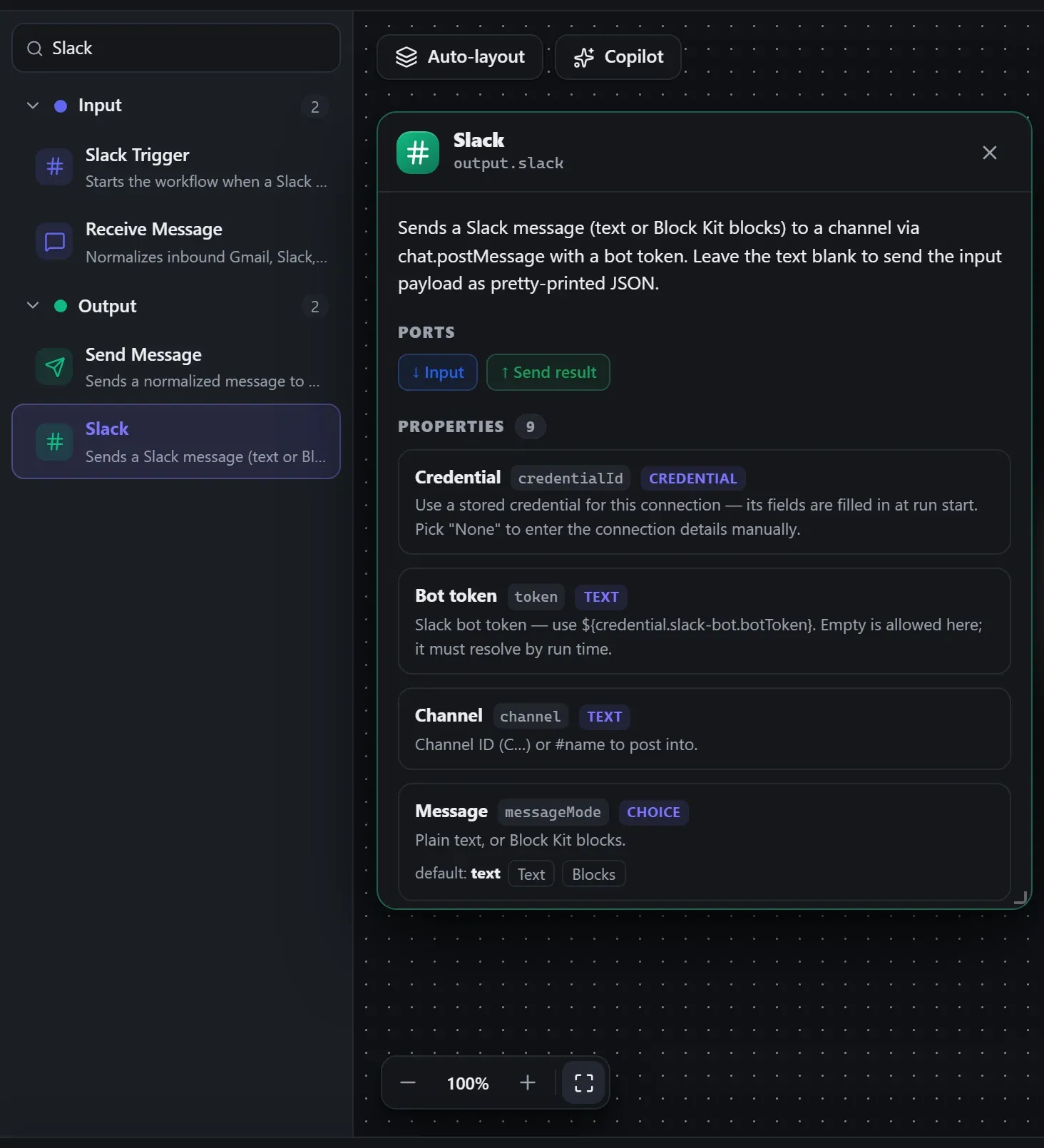 Slack in the node library, with the in-editor docs panel open