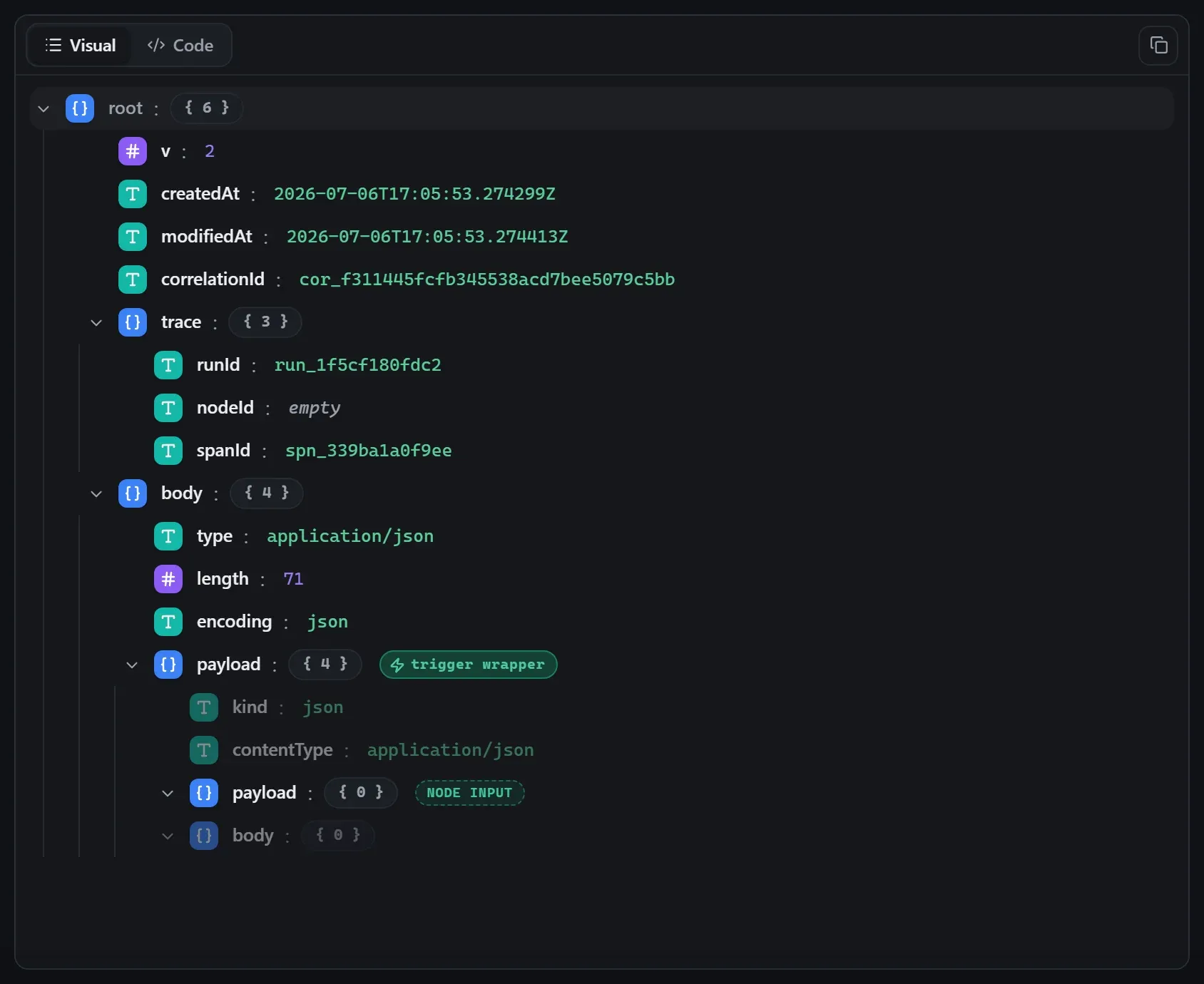 The Slack node's input envelope in the run data viewer