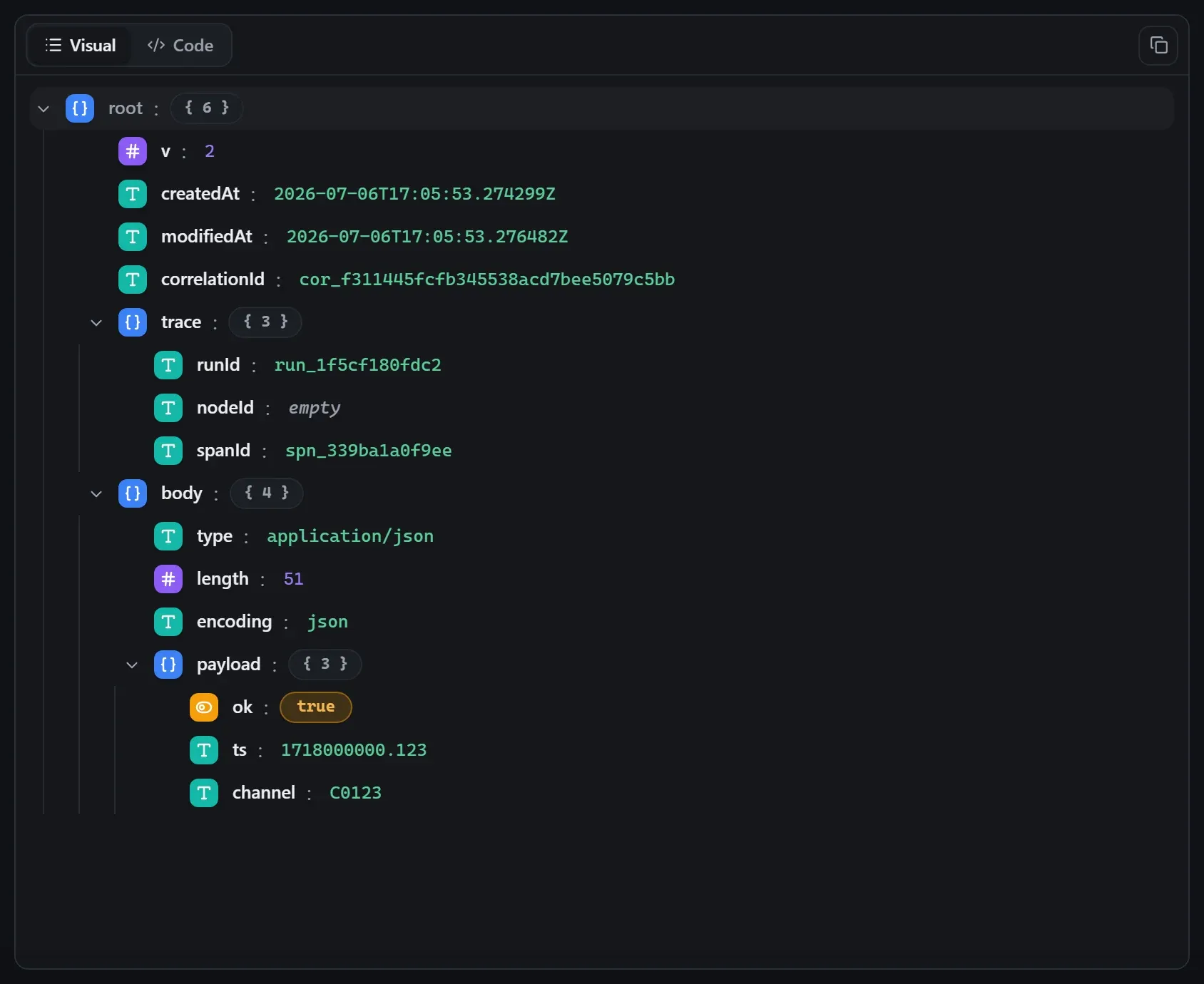 The Slack node's output envelope in the run data viewer