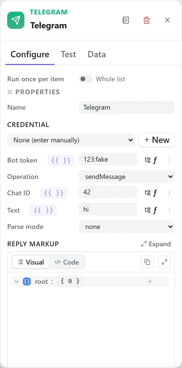 The Telegram node's settings in the Studio builder