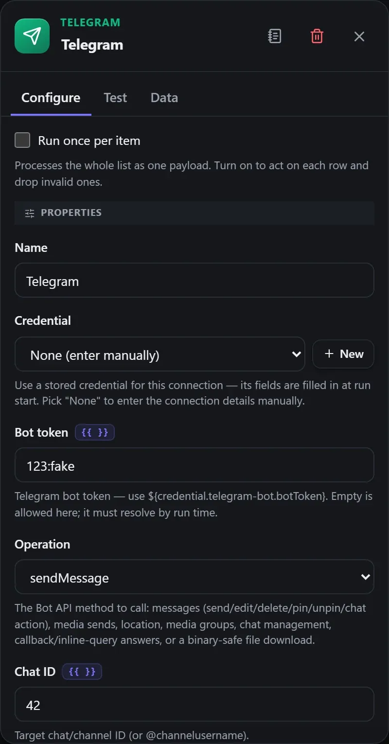 The Telegram node's Configure panel in the Studio builder