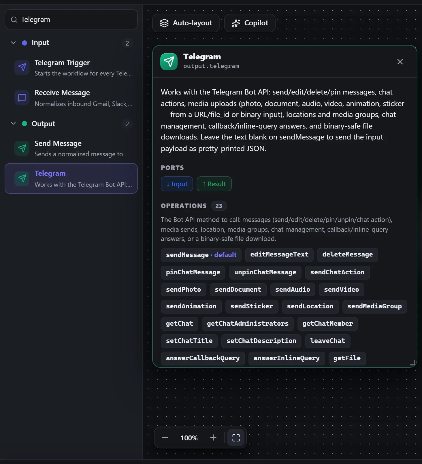 Telegram in the node library, with the in-editor docs panel open