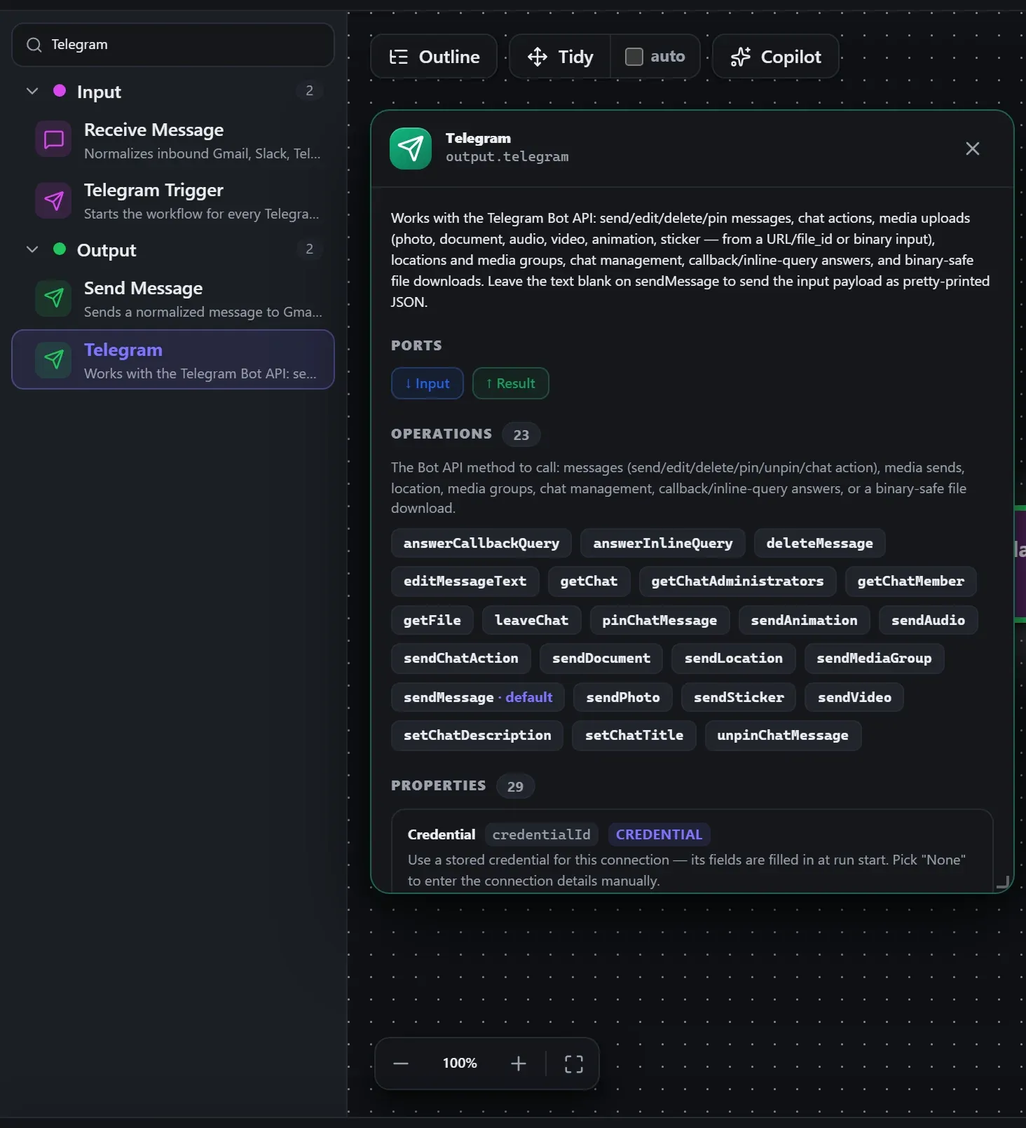 Telegram in the node library, with the in-editor docs panel open