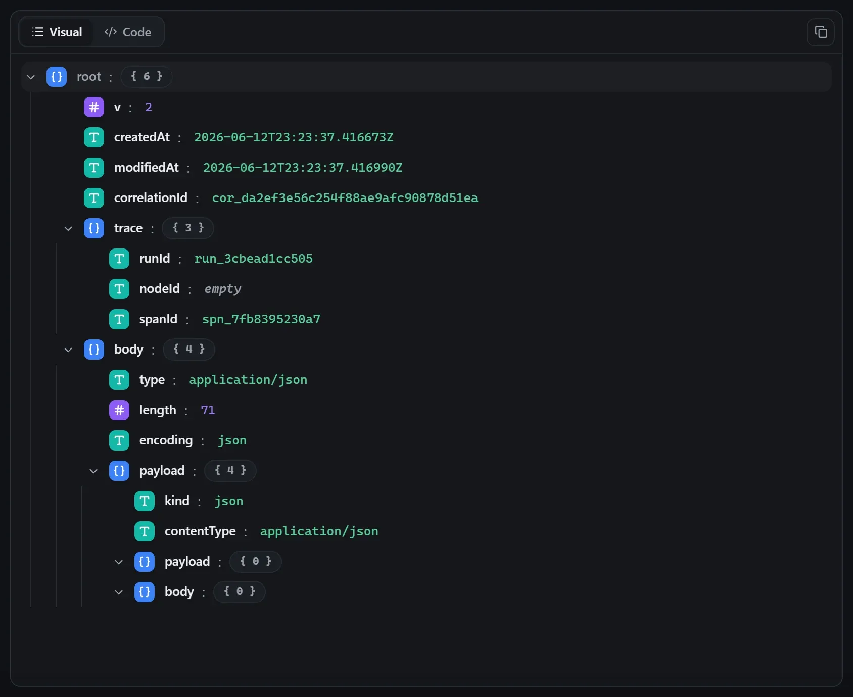 The Telegram node's input envelope in the run data viewer