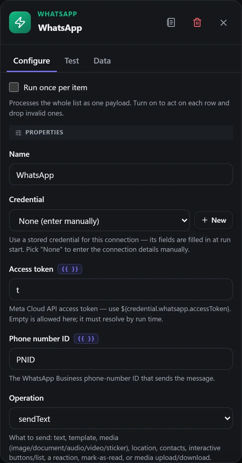 The WhatsApp node's Configure panel in the Studio builder